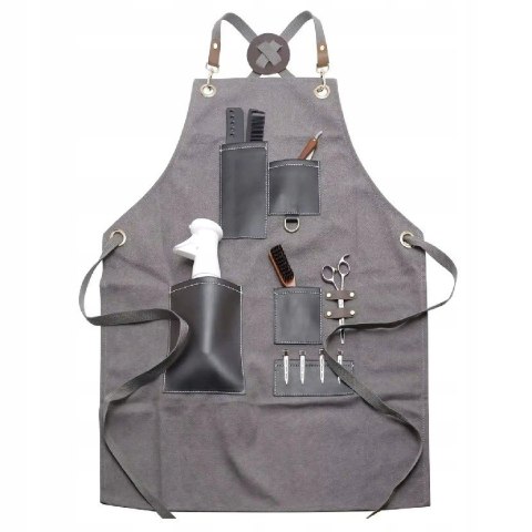 Fartuch fryzjerski z kieszeniami i skórzanymi wykończeniami szary VELLEPRO