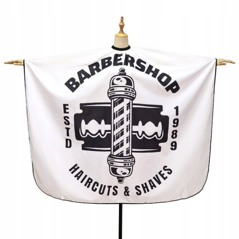 Peleryna fryzjerska biała z motywem barberskim VellePro